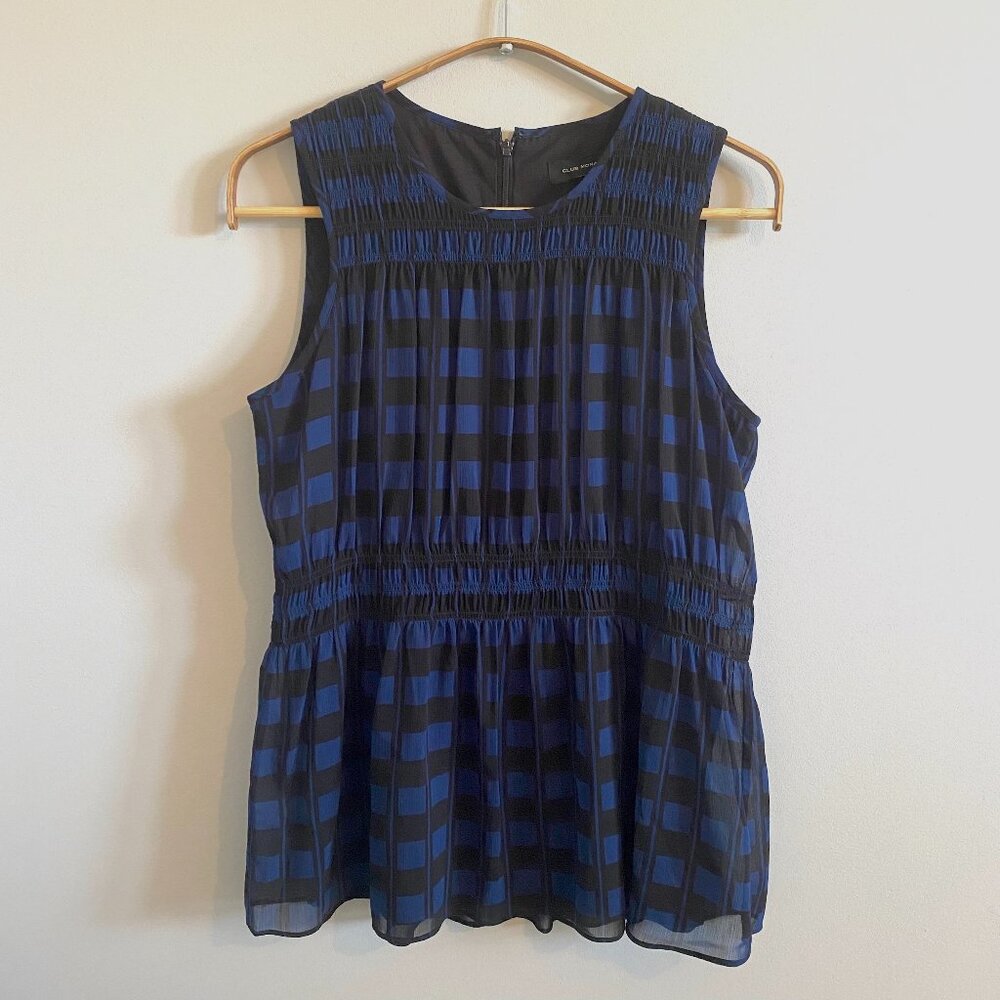 Club Monaco Navy Black Peplum Gathered Blouse Sleeveless Top Workwear Office